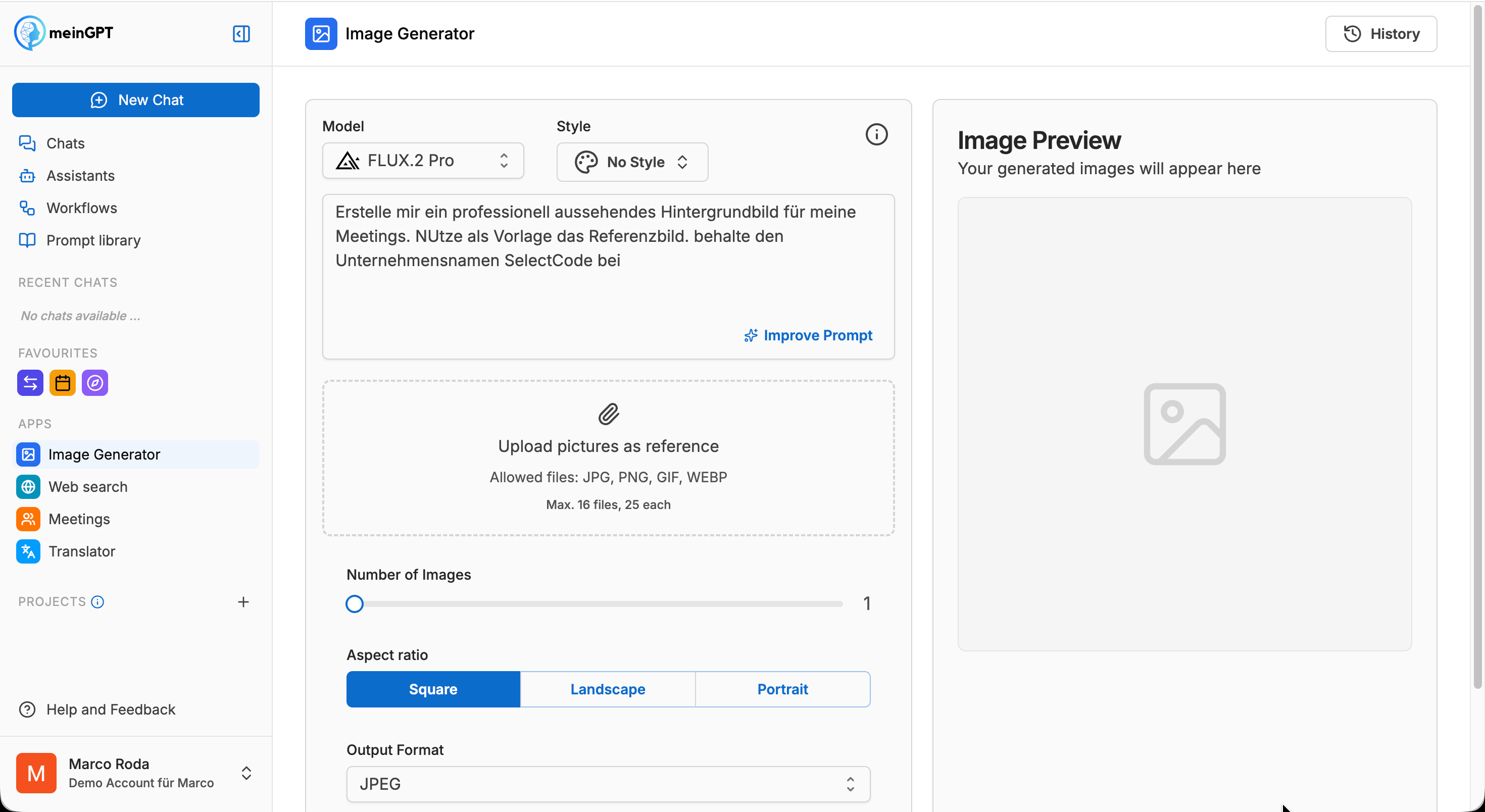 Image Generator with prompt field, model picker, and image history
